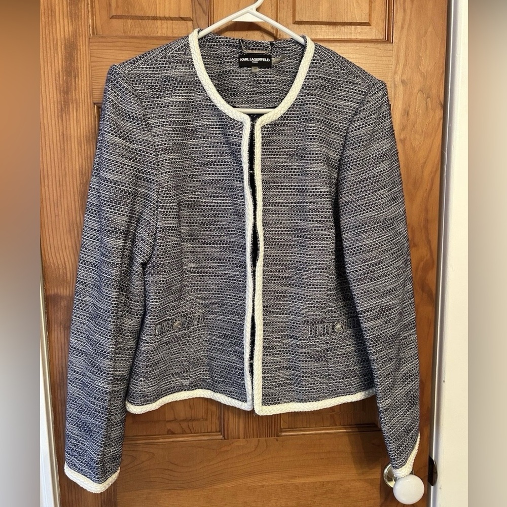 Karl Lagerfeld Paris blue and white Tweed Blazer